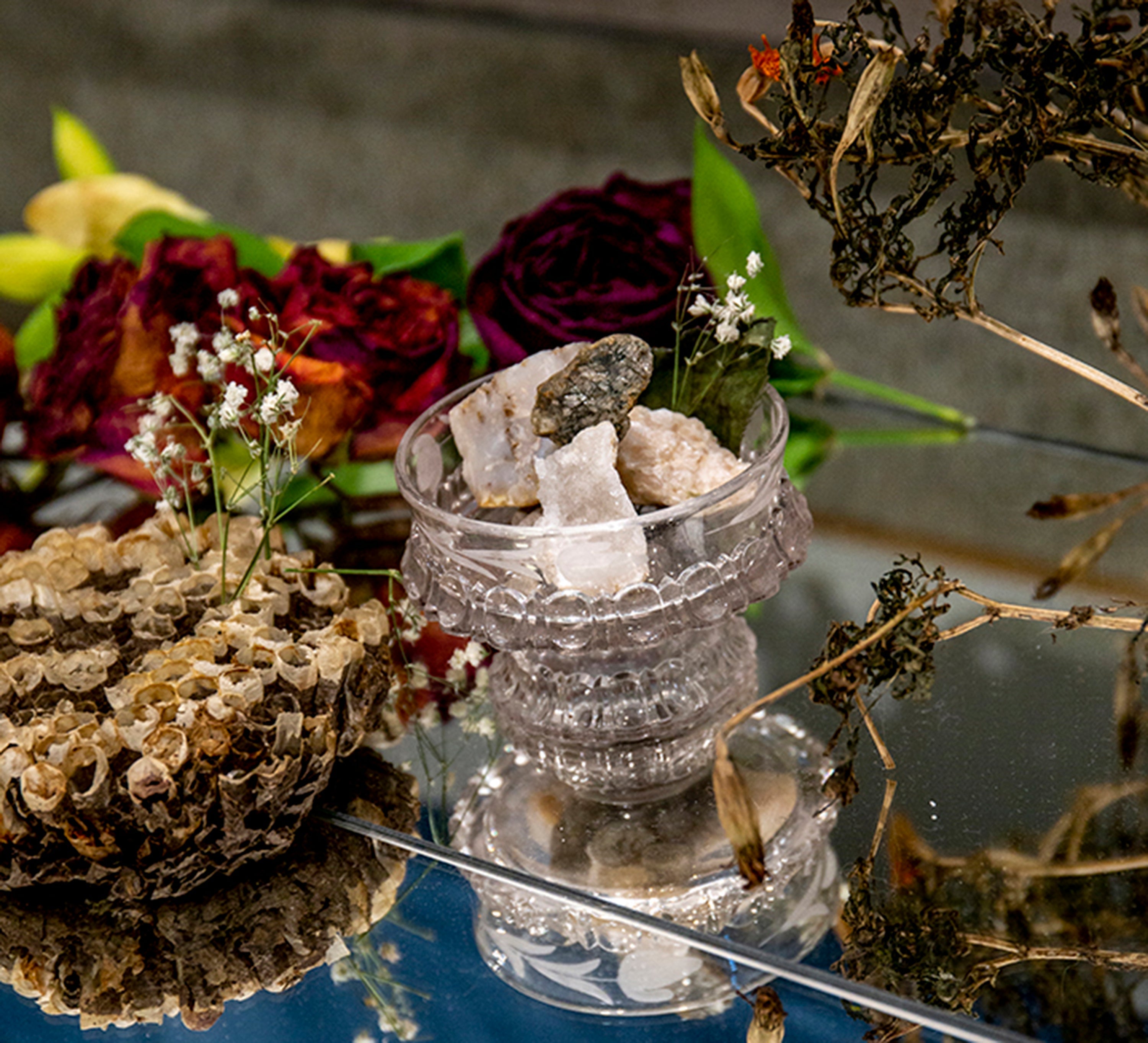 Dried flowers, a wasps nest, stones in glass all set on a mirror