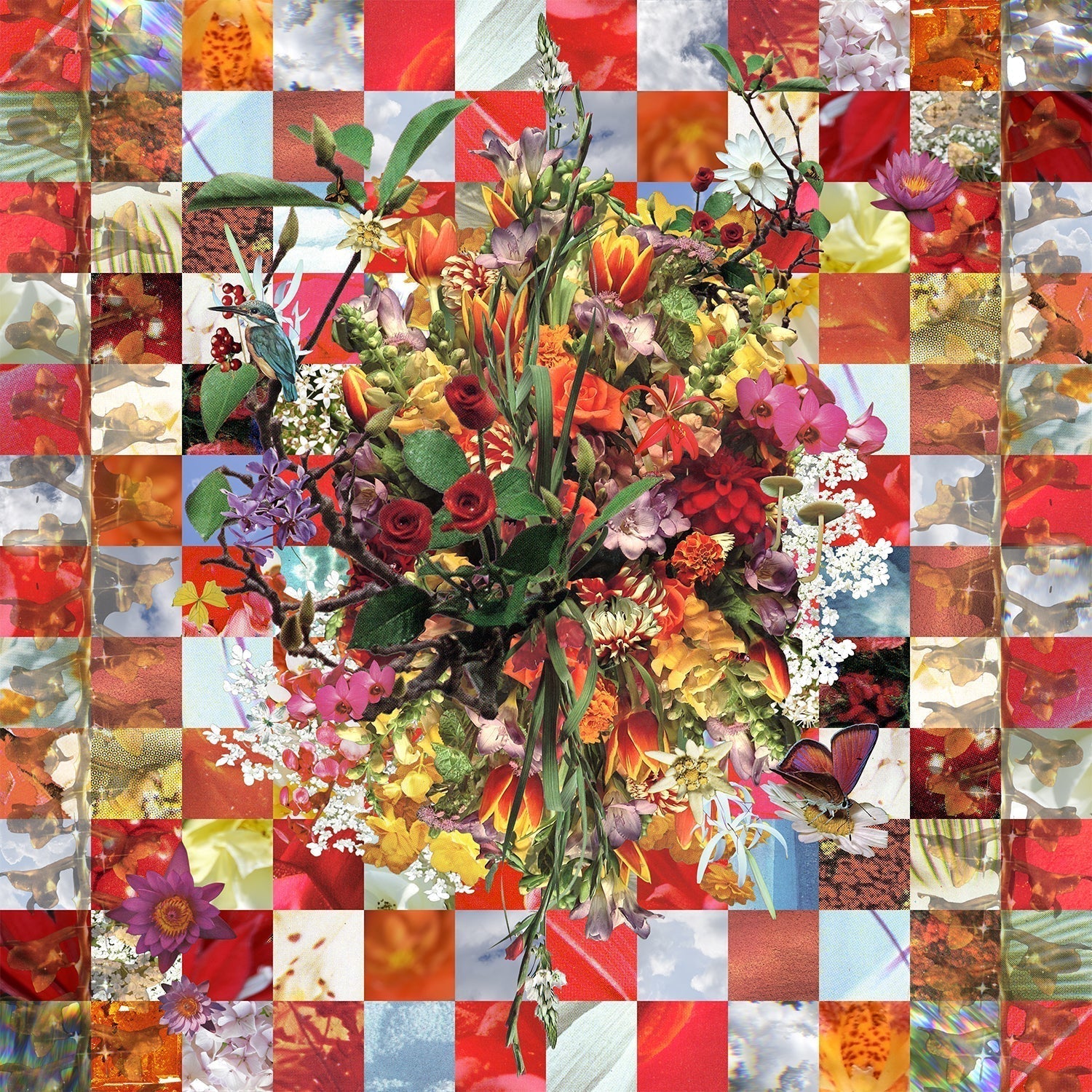 A red and white checkerboard pattern made of natural imagery sits behind a colourful floral arrangement.