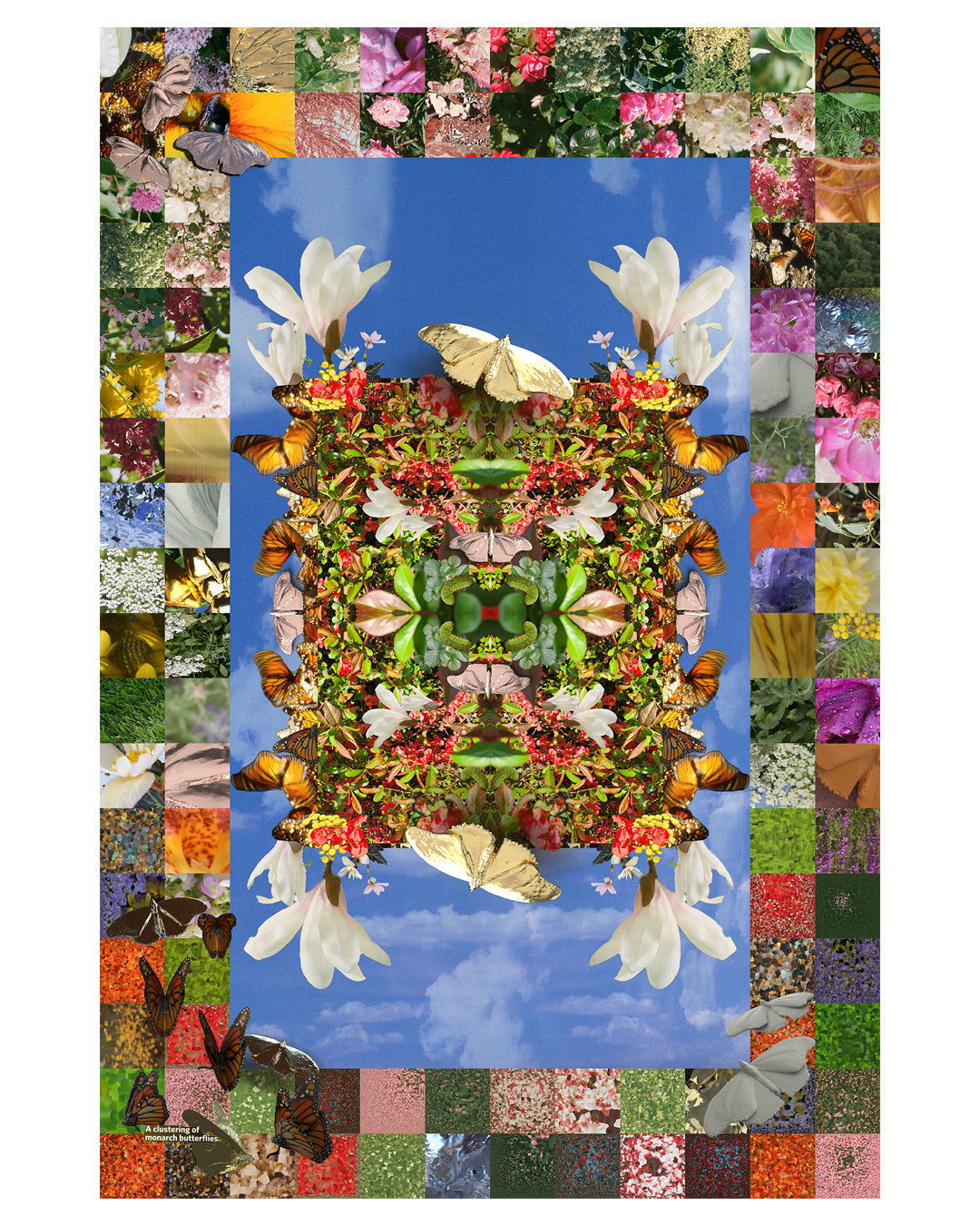 Digital collage of flowers, butterflies and other natural elements scattered about.