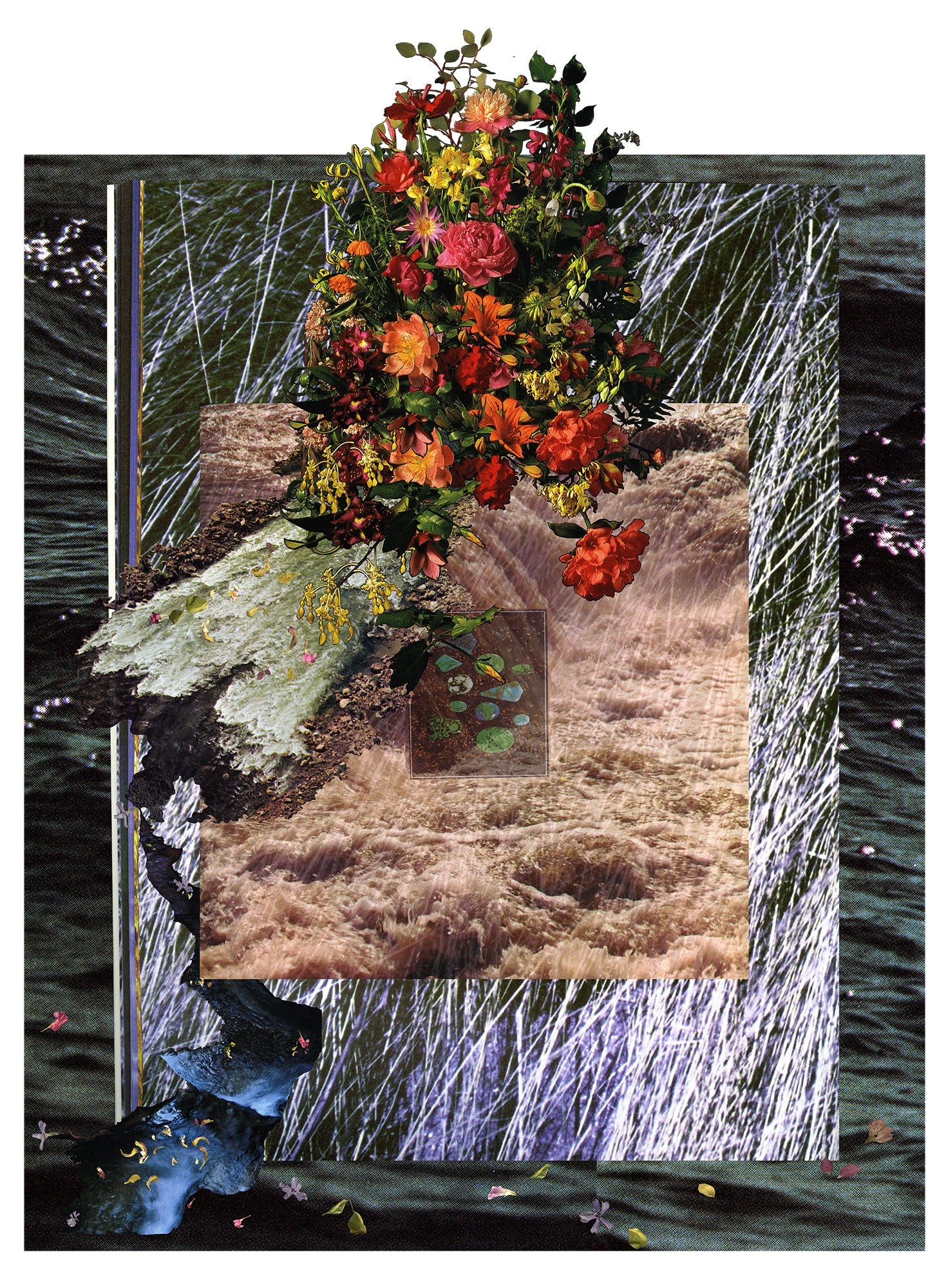 Bright and colourful florals layered on top of different water imagery and green precious stones