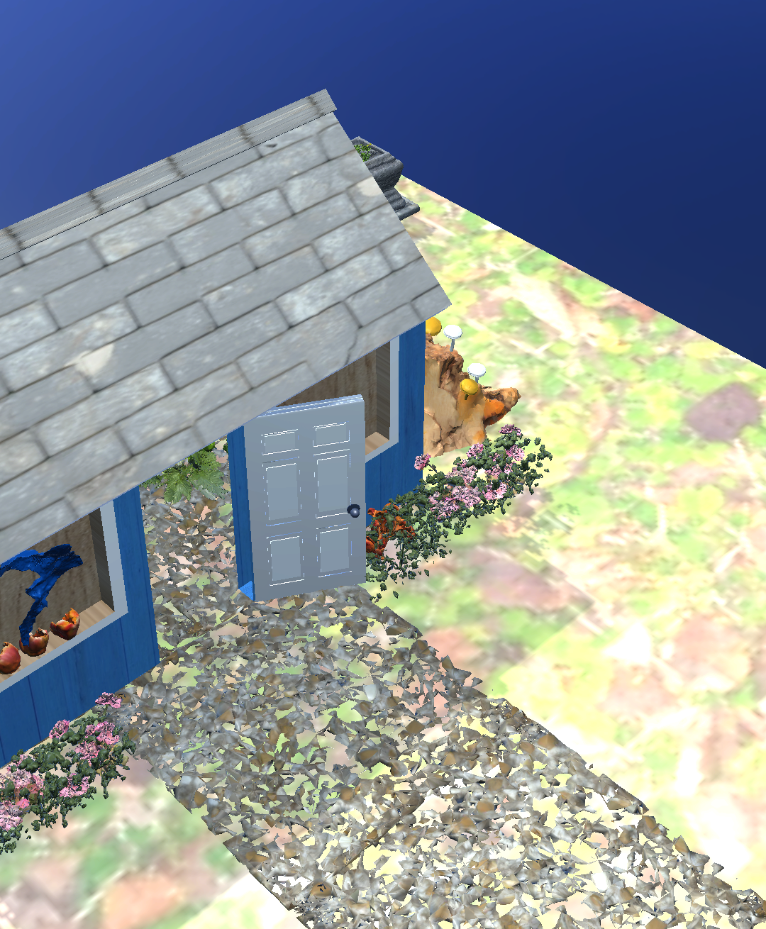 A blue shed surrounded by nature and a pebble pathway