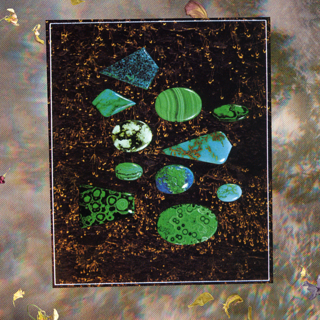 Colourful stones sit on top of some dirt with yellow petals scattered around