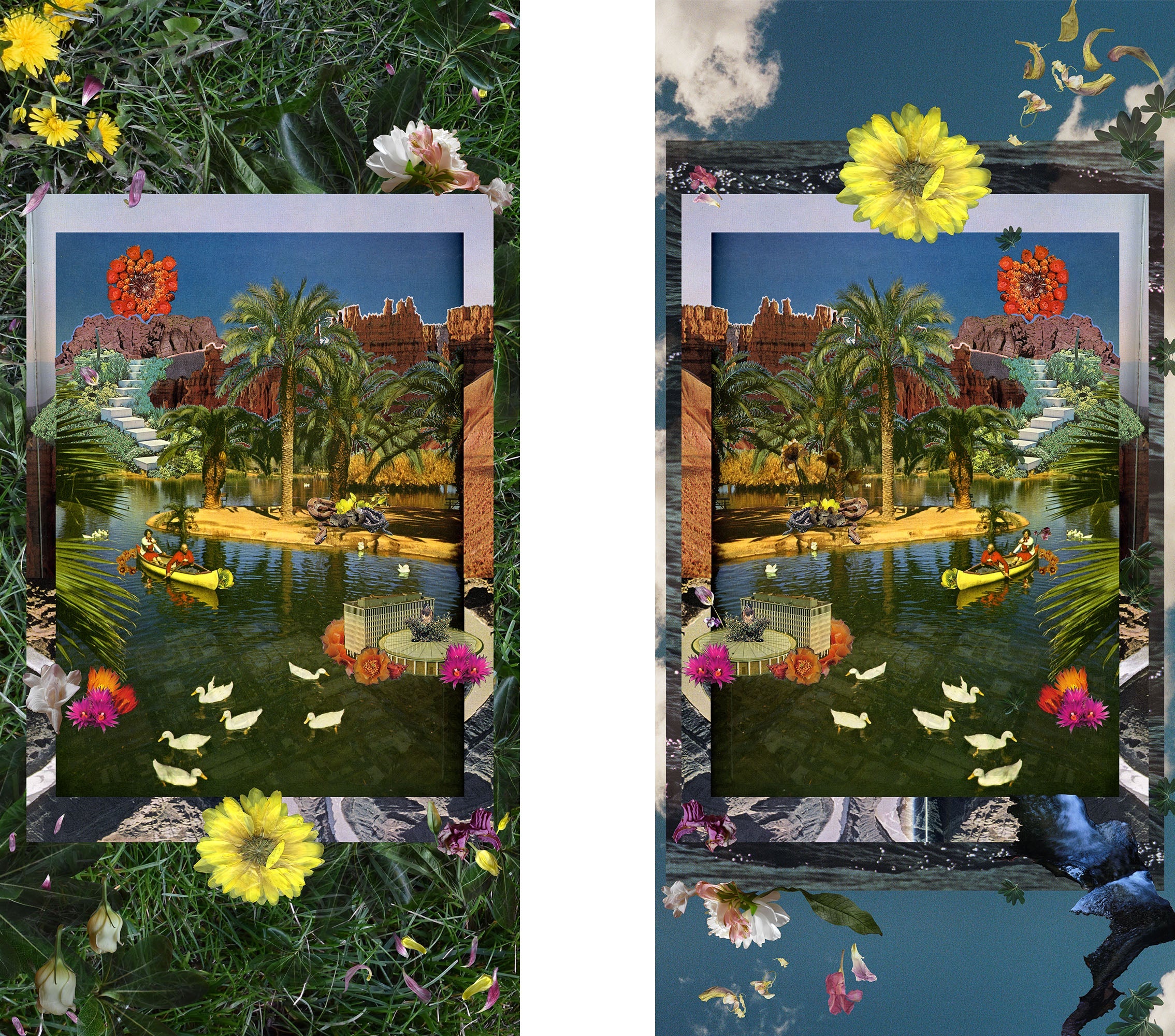 Two collages set side by side with grass, blue sky, flowers and many different trees and petals.