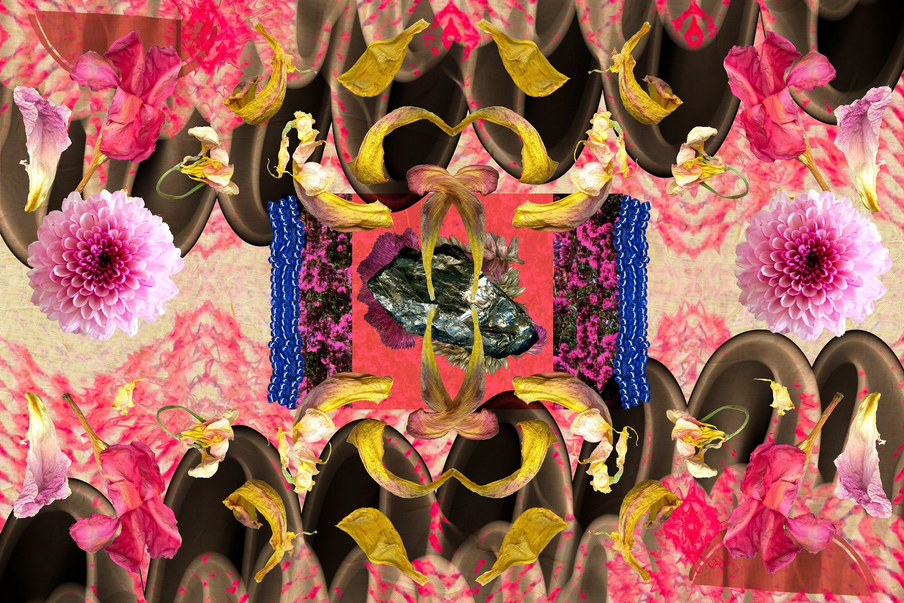 A digital collage with many layers of pink florals, yellow petals, pink flowers and peach fabric background.