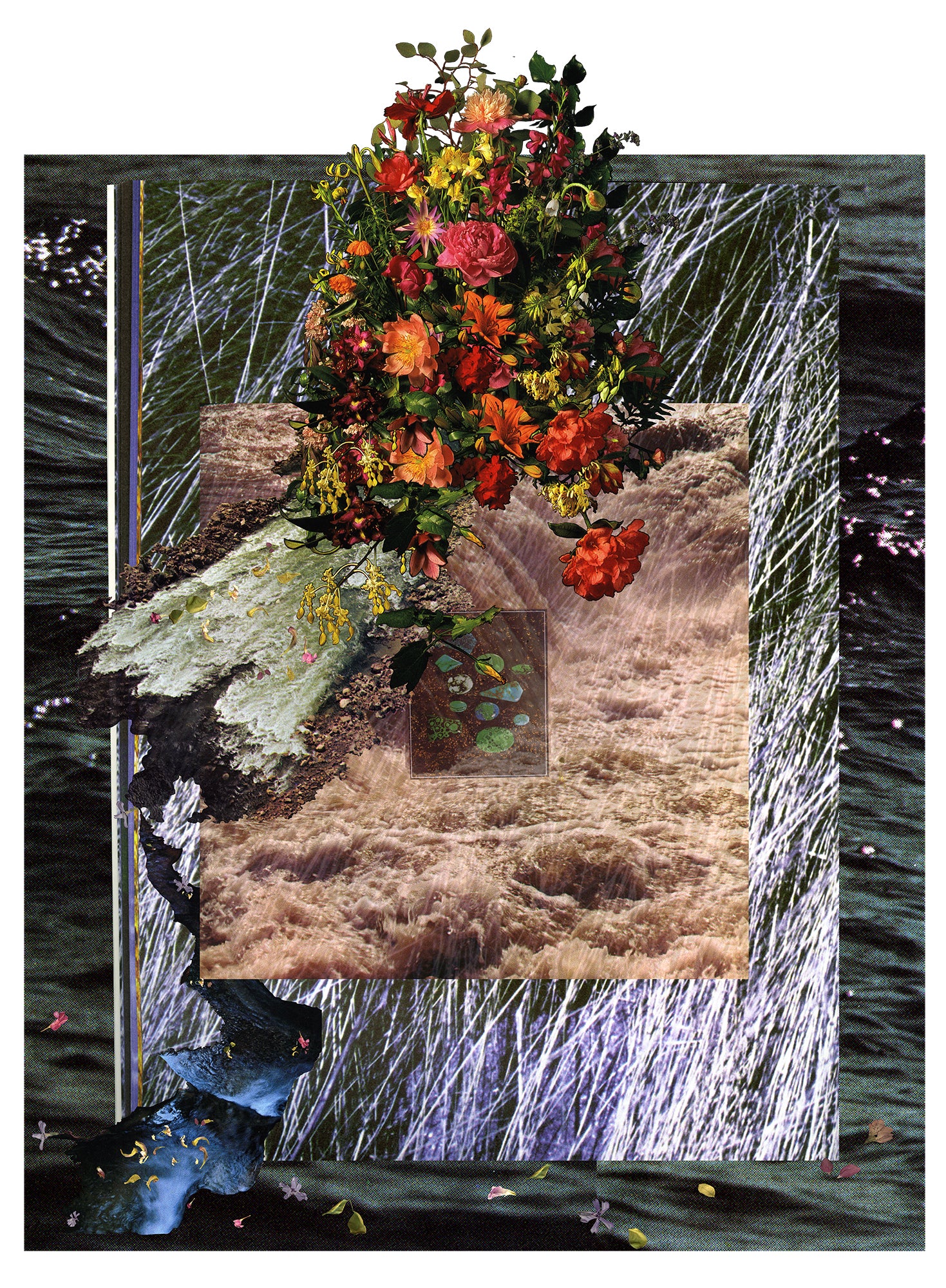 Bright and colourful florals layered on top of different water imagery and green precious stones