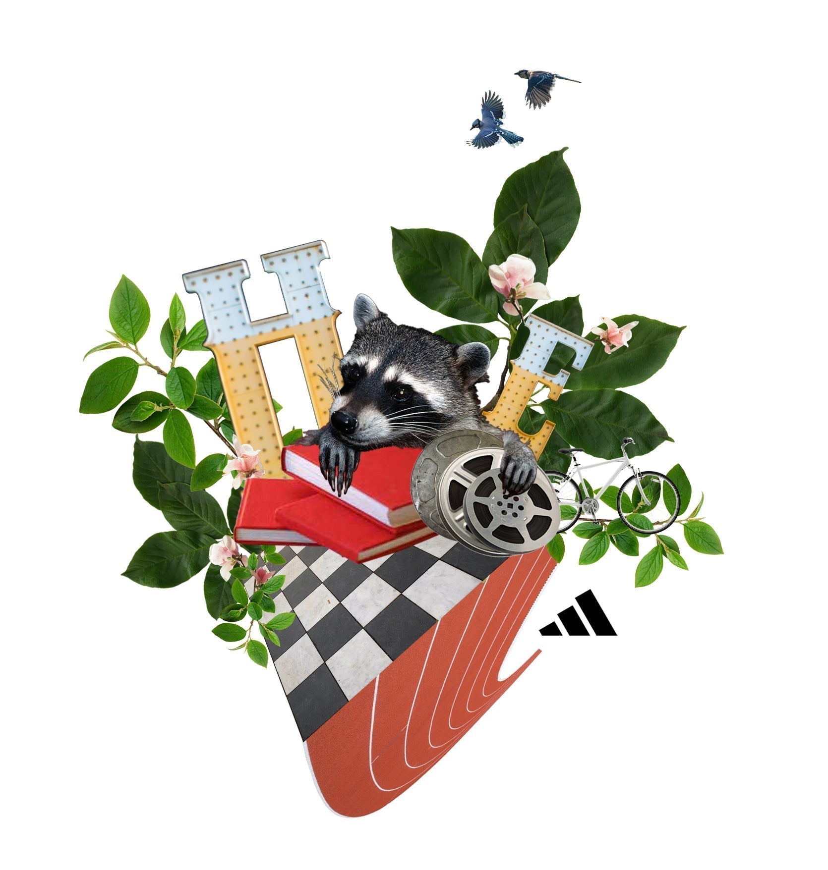 A collage with green leaves, a raccoon, blue jays, books, checkerboard floor, running track an adidas logo