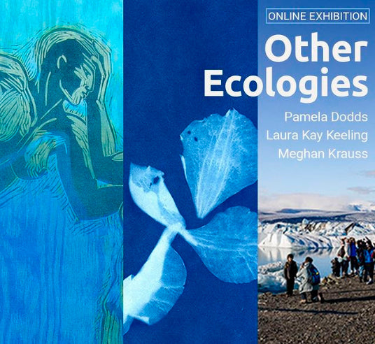 Three artwork images side by side with white text overlay that says "Other Ecologies"