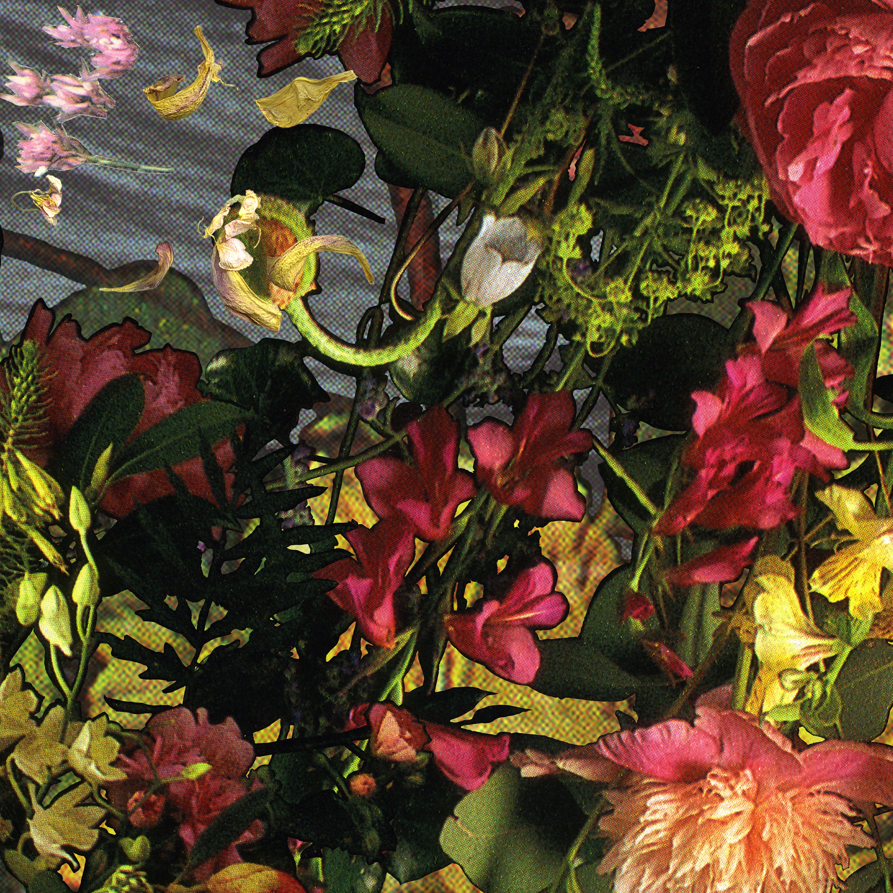 Pink, orange and white florals above yellow and green leaves.