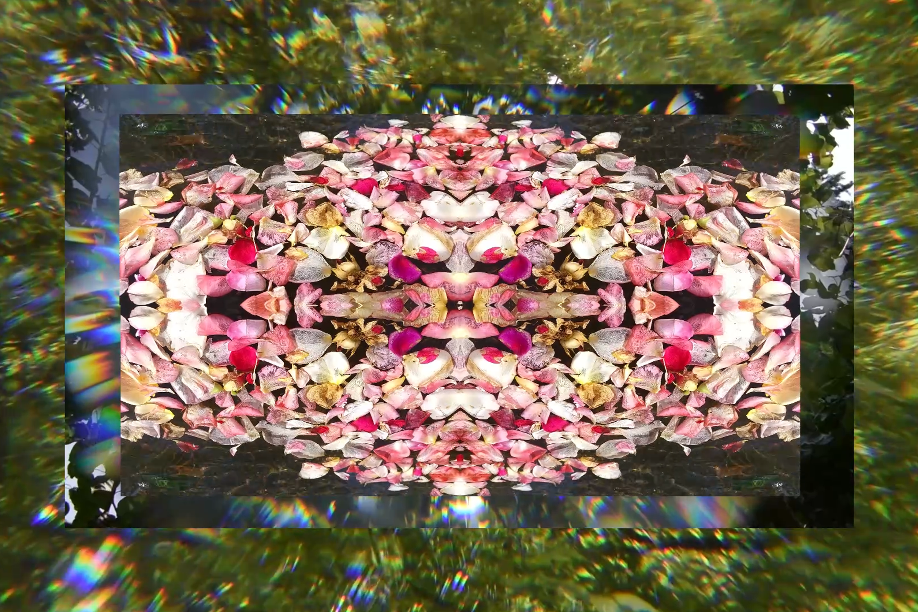 A still from an analog video with pink petals and green leaves in the background