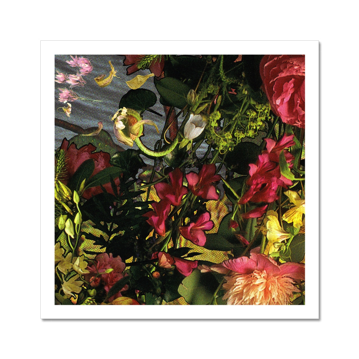 Pink, orange and white florals above yellow and green leaves.