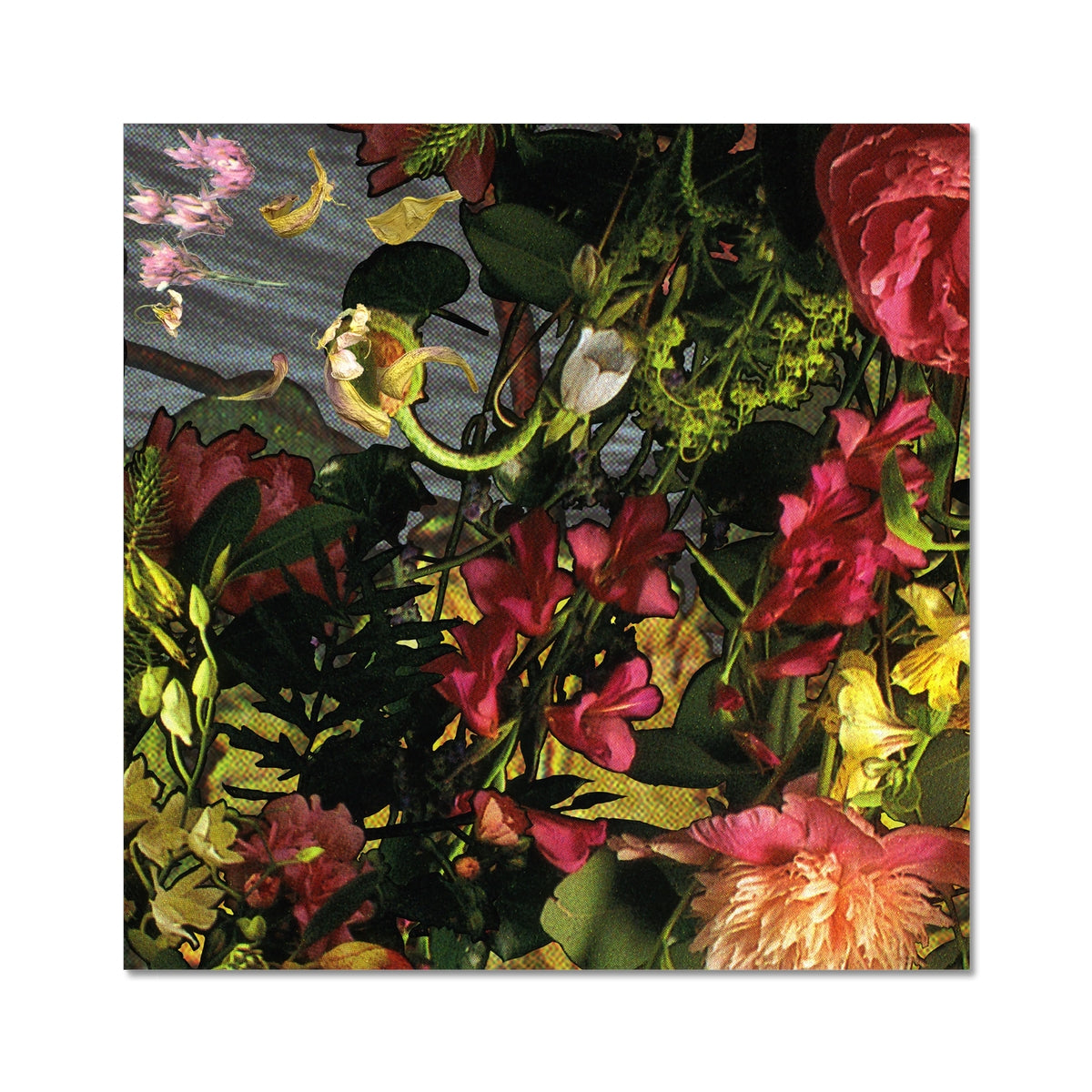 Pink, orange and white florals above yellow and green leaves.