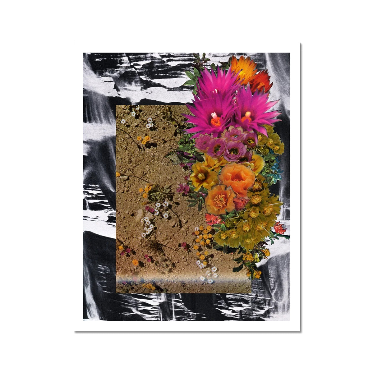 A collage with black and white sand in the background, in the middle is brown soil with yellow, pink and white flowers. To the right are colourful layered florals. There is a white border around the collage.