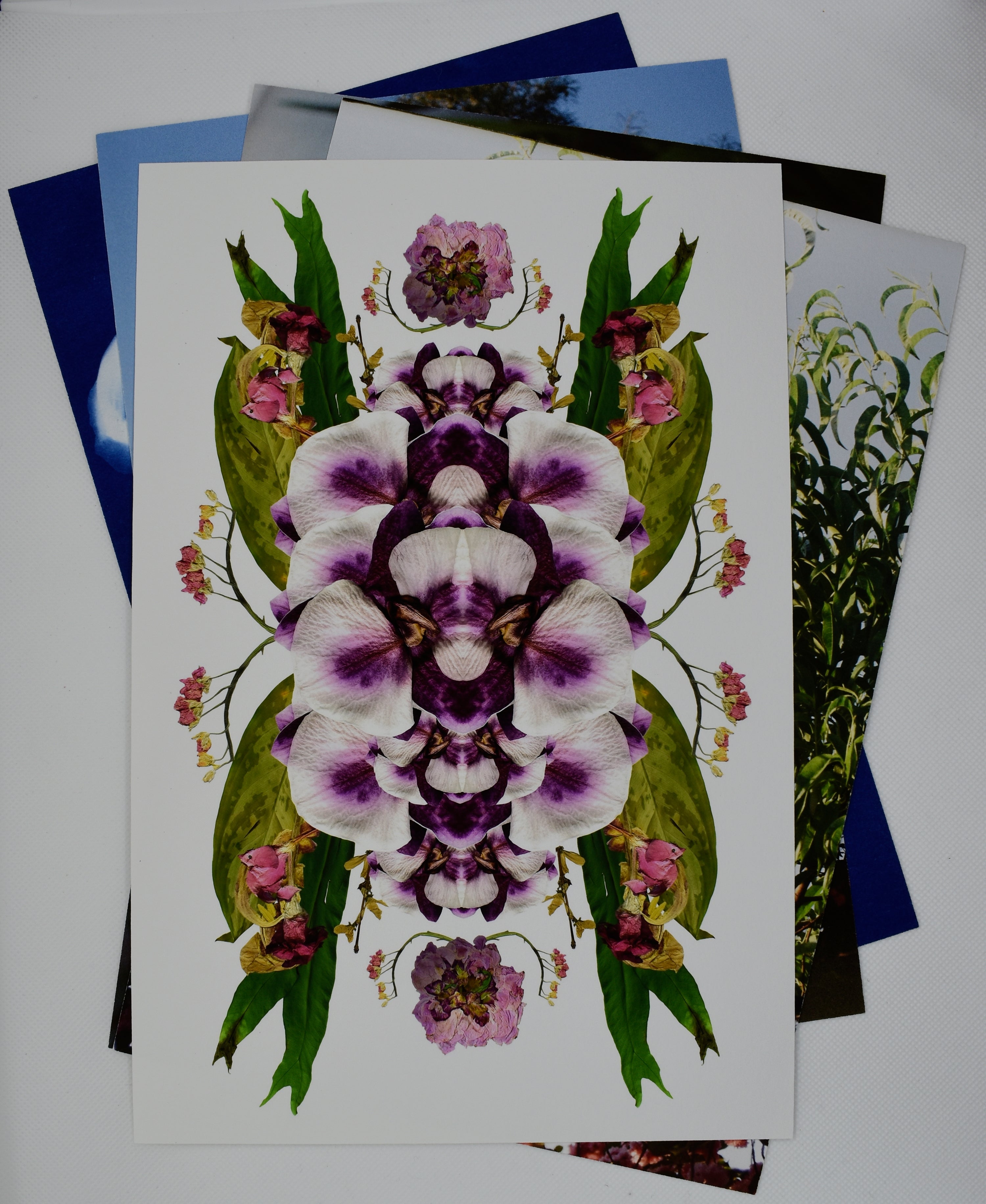 A collage print of purple and white orchids layered over green leaves and florals with pink buds. there are other prints below with blue backgrounds and green leaves.